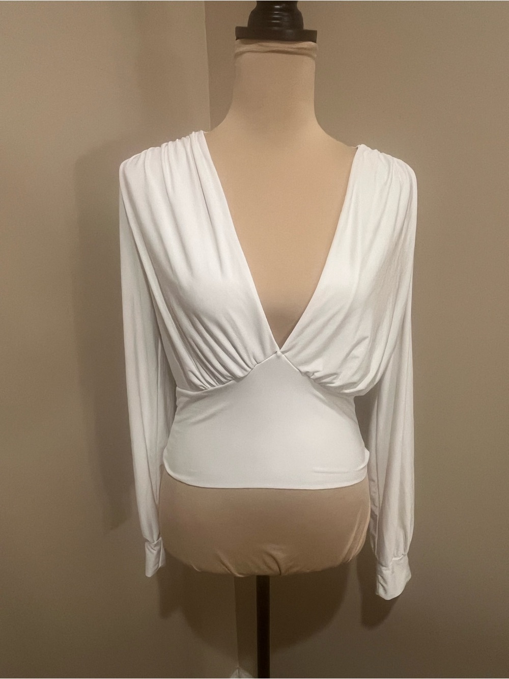 21 Saints Fairy Grunge White Deep V Long-Sleeve Draped Long Crop, Wide Band, Lg
